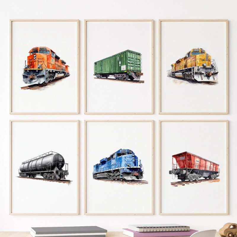 Interior Design Sketch - Watercolor Retro Steam Train Railroad Freight