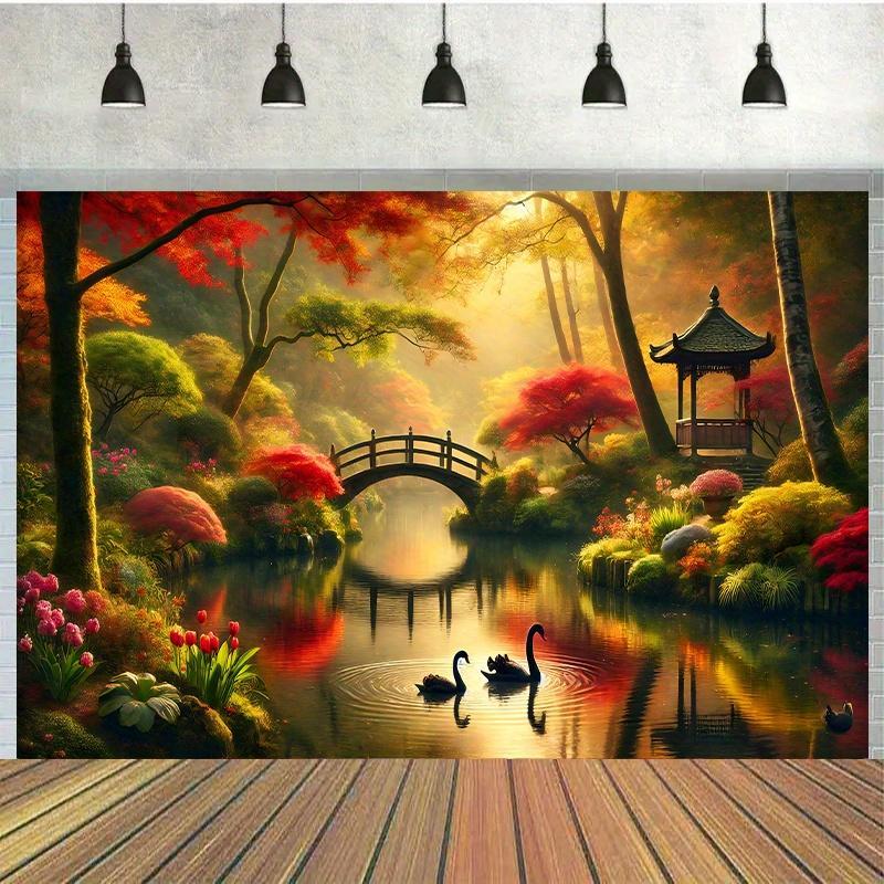 Autumn Garden Bridge Swans Wal - đánh giá và giá Interior Design With Wallpaper