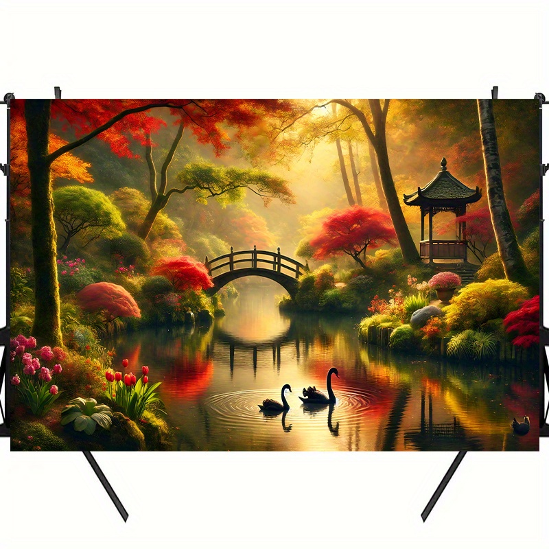 Autumn Garden Bridge Swans Wal - đánh giá và giá Interior Design With Wallpaper