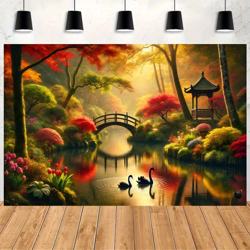Autumn Garden Bridge Swans Wal - đánh giá và giá Interior Design With Wallpaper